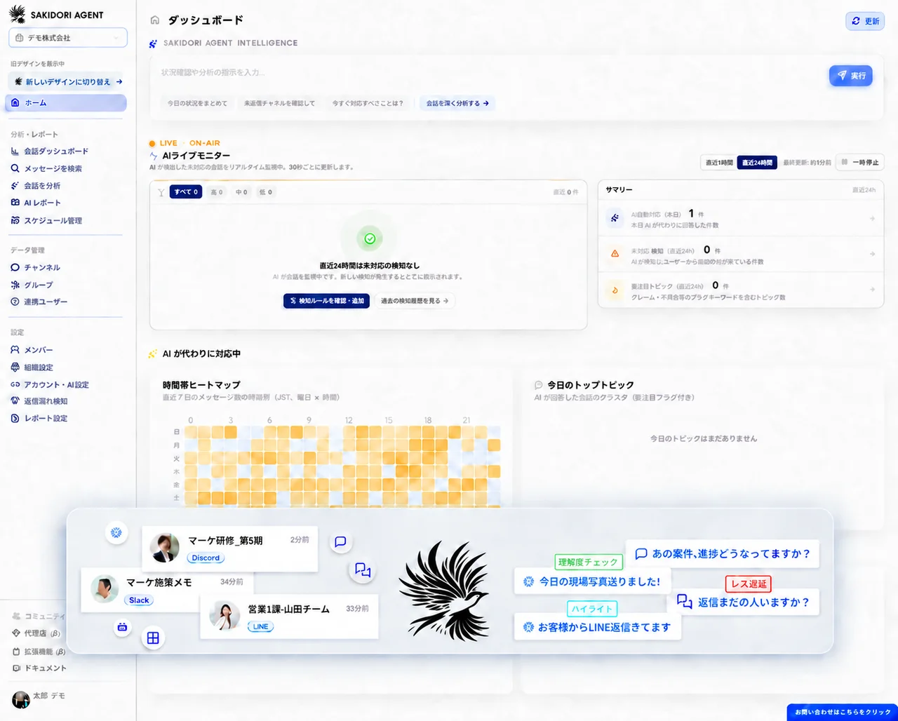 複数のコミュニケーションサービスから会話を集約したSAKIDORI AGENTのワークスペース